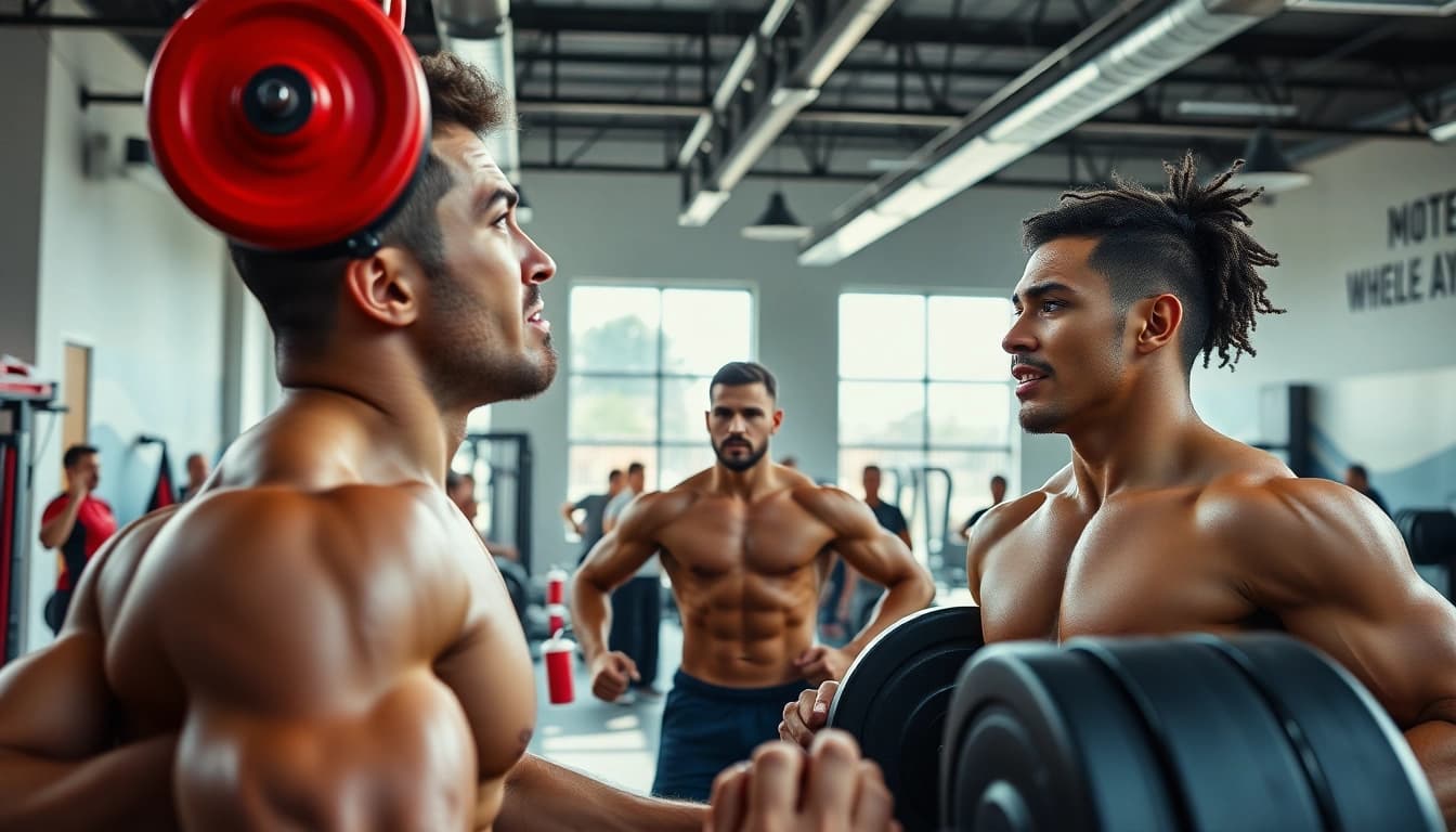 Intense athletes exemplifying Canadian anabolics through dynamic weightlifting effort.