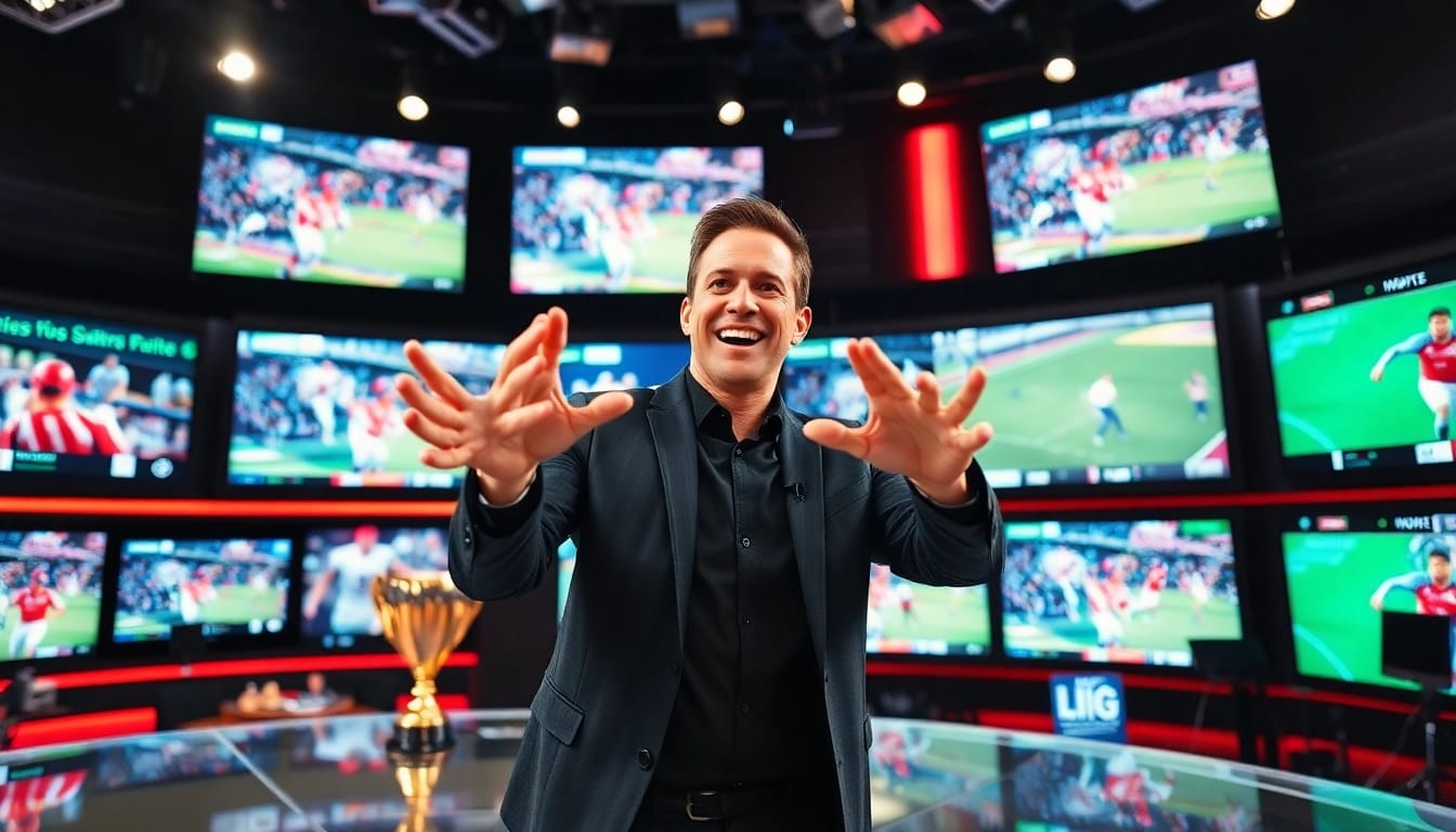 Captivating sports broadcasting studio with dynamic commentator delivering energetic insights.