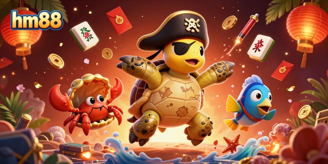 Join the fun at hm88 with a lively scene featuring a pirate turtle and friends celebrating casino games.