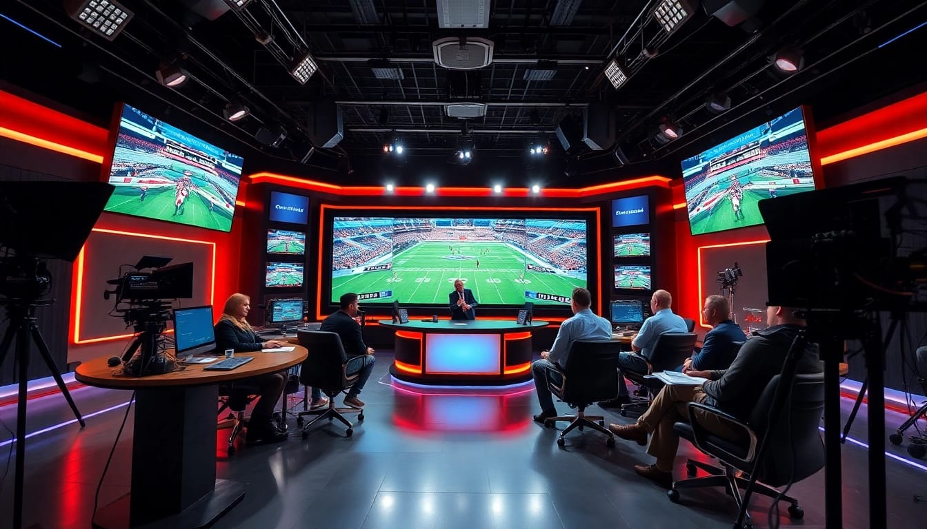 Dynamic scene of Sports Broadcasting in a high-tech studio with vibrant visuals.