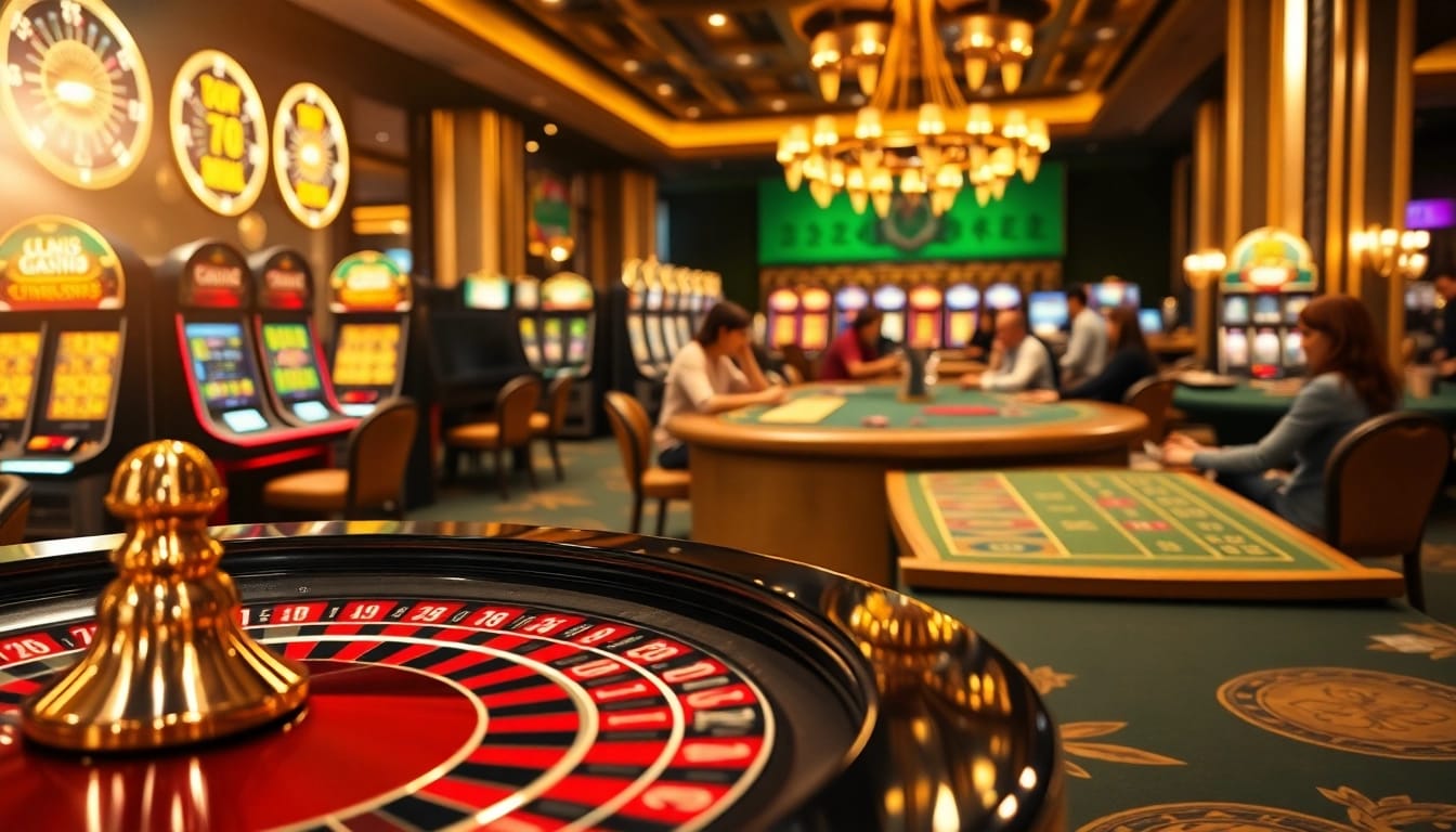 Kèo nhà cái showcases an elegant casino scene, featuring roulette tables and vibrant poker action.