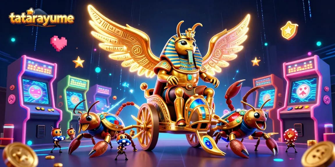 Engage in thrilling gaming at tatarayume with a vibrant 3D scene of a golden scarab and scorpions.