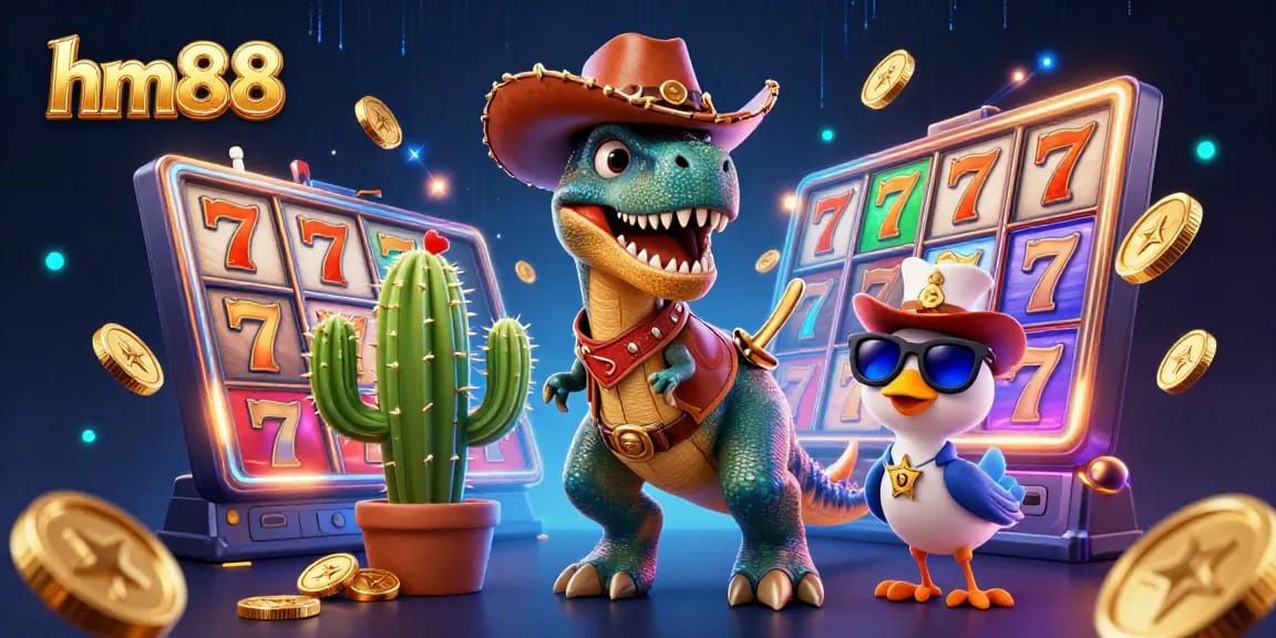 Engage in thrilling gameplay with hm88, featuring cartoon characters in a vibrant casino setting surrounded by colorful slots and treasures.