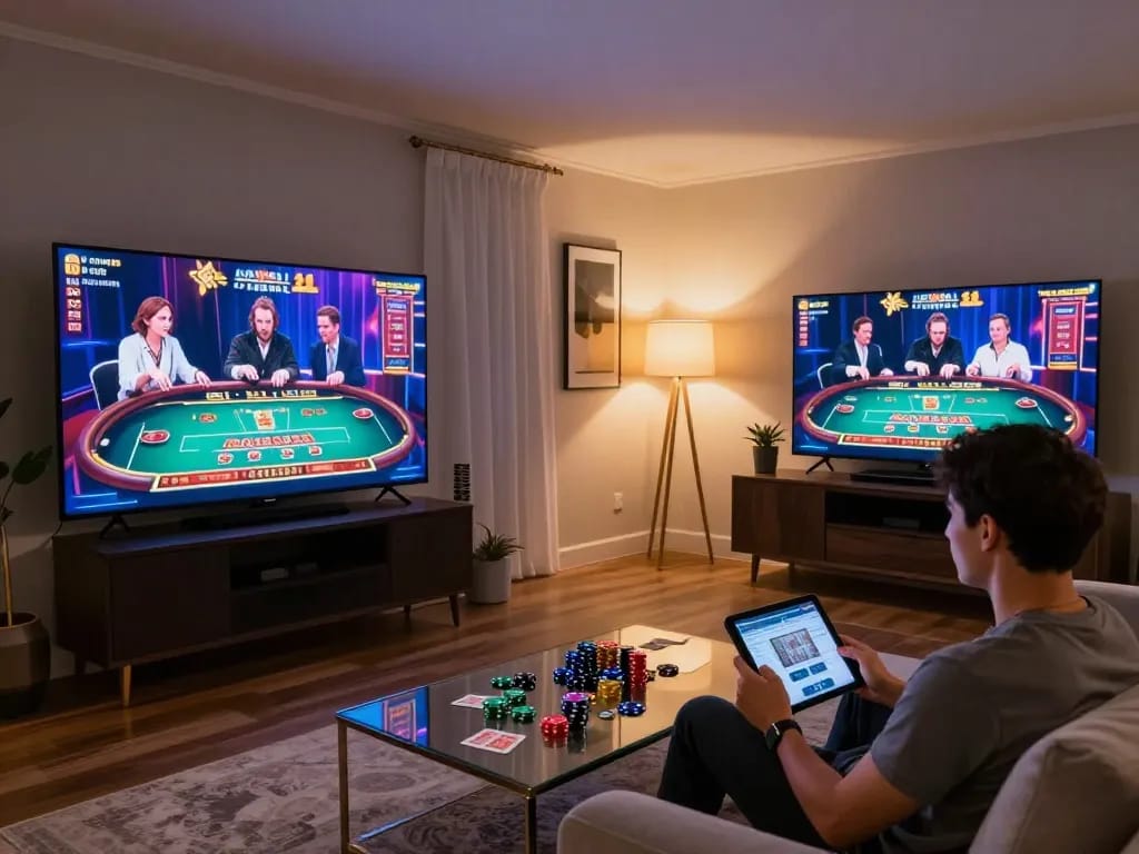 Sky 88 online casino gaming experience with players engaging live dealers and a cozy home atmosphere
