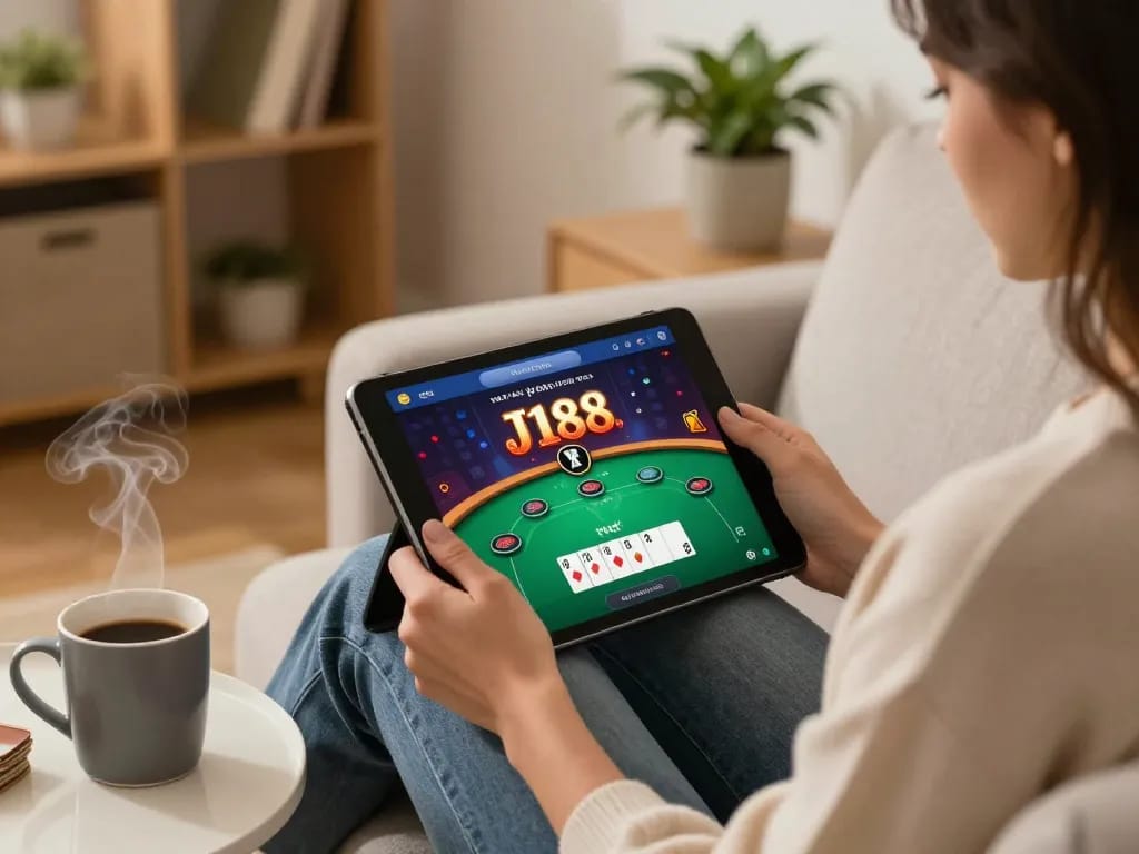 Engage in an at-home gaming session with J188's mobile casino app for an exciting poker experience.