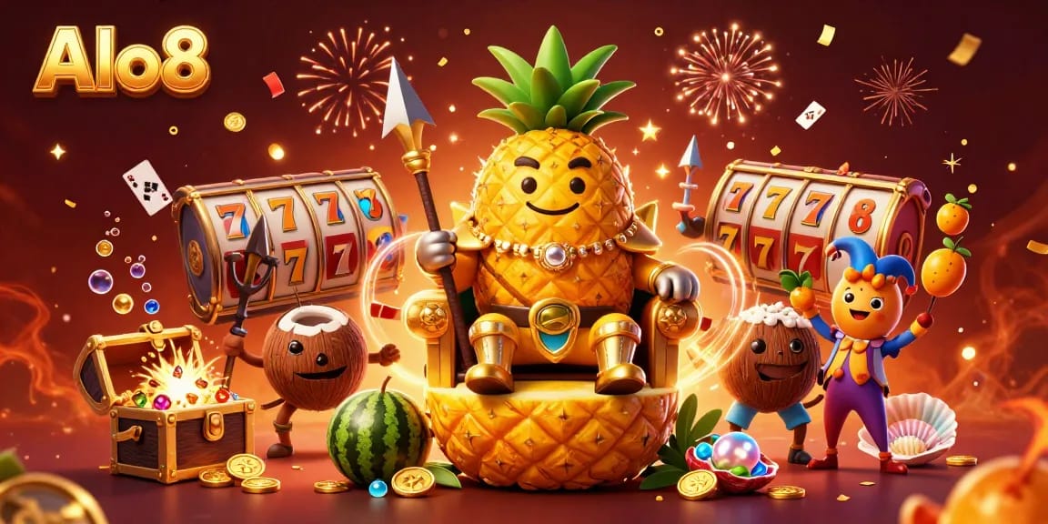 Alo8 captivates players with a vibrant 3D casino scene featuring a golden pineapple king and dynamic game elements.