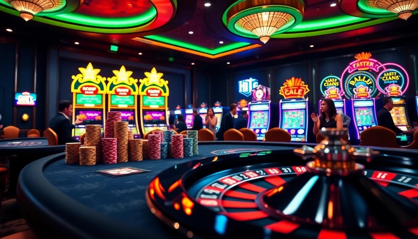 Hitclub đăng nhập at a luxurious casino table with vibrant slot machines and exciting gameplay atmosphere.