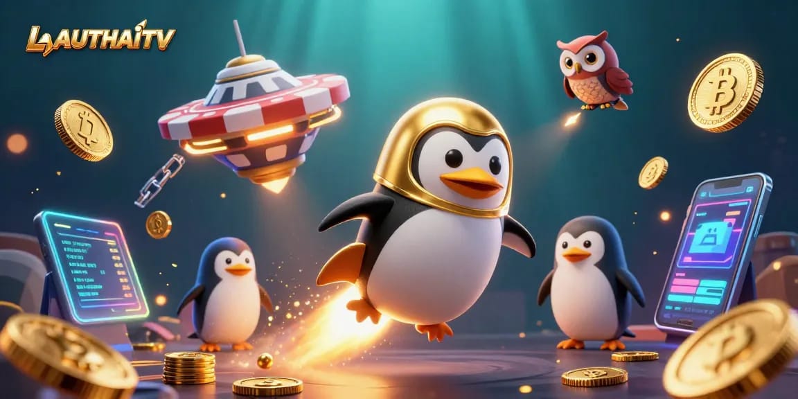 Bet on LAUTHAITV with a thrilling 3D adventure featuring a golden penguin and casino space elements