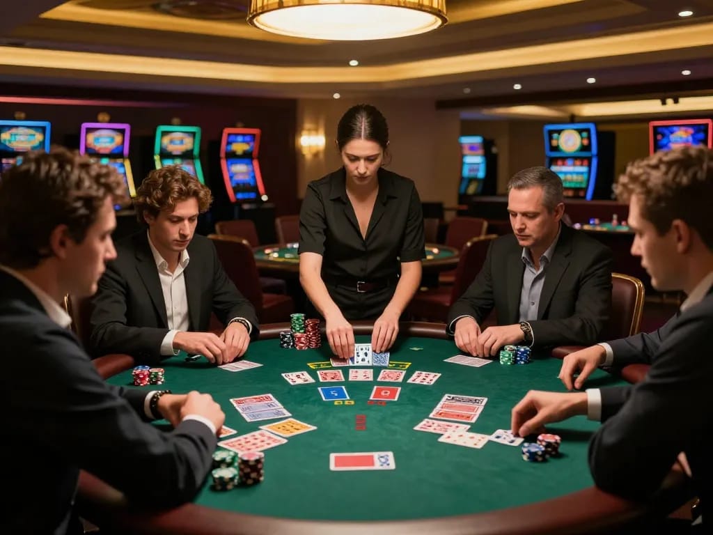 Casino 78win blackjack table showcasing players' intense focus and dealer action.