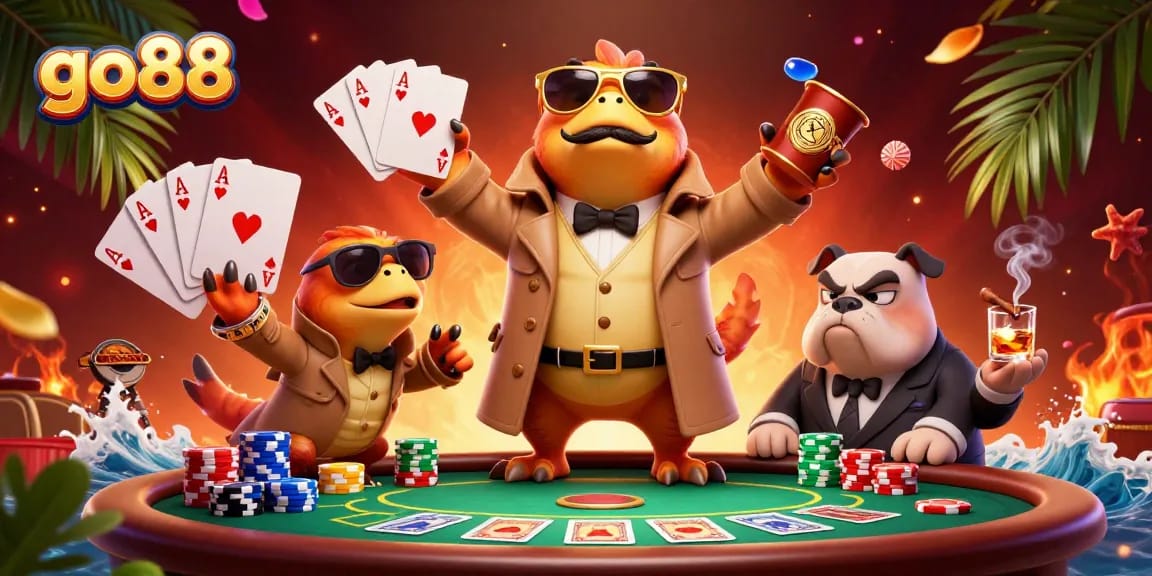Engage in thrilling games at go88, featuring cartoon raptors entering a casino lounge.