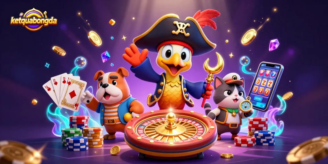 Engage with ketquabongda's vibrant 3D casino adventure featuring lively characters amidst dazzling slot elements.