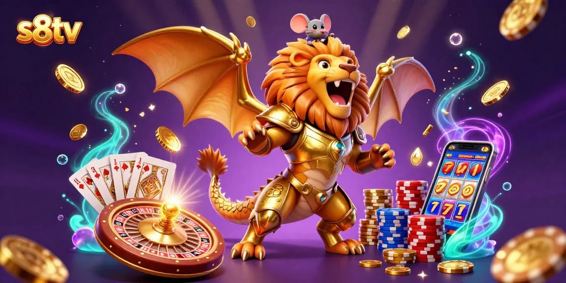Bet on s8tv's triumph as a chimera roars amidst coins and cards in a vibrant casino scene.