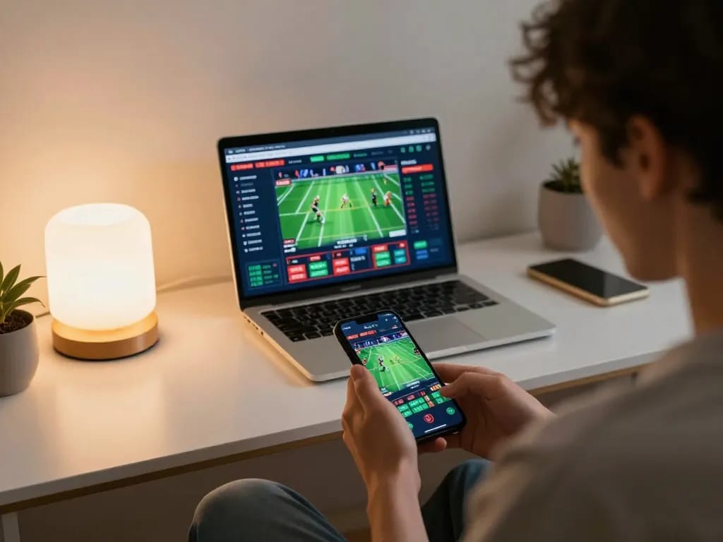 Engaging in a live sports betting session on ww88 with smartphone in modern living room setting.