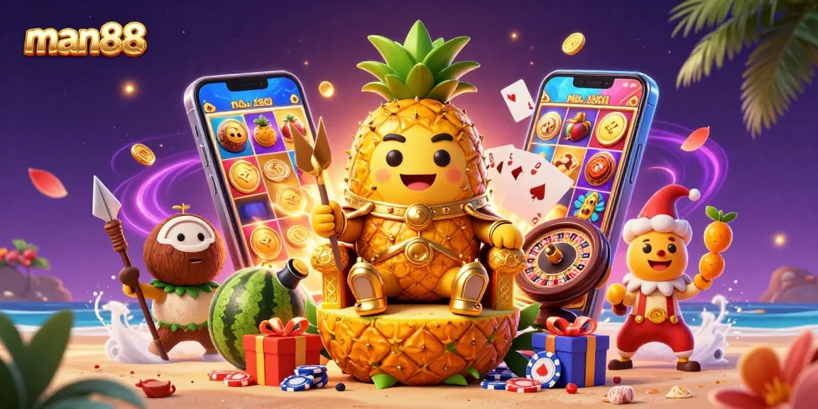 Experience the excitement of casino gaming with man88's vibrant 3D illustration full of dynamic characters and elements.