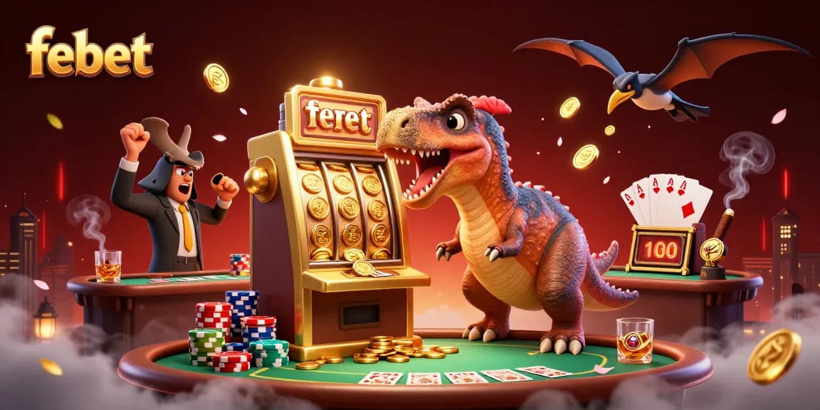 Febet invites players into a vibrant 3D casino scene featuring dynamic characters and lively gaming elements.