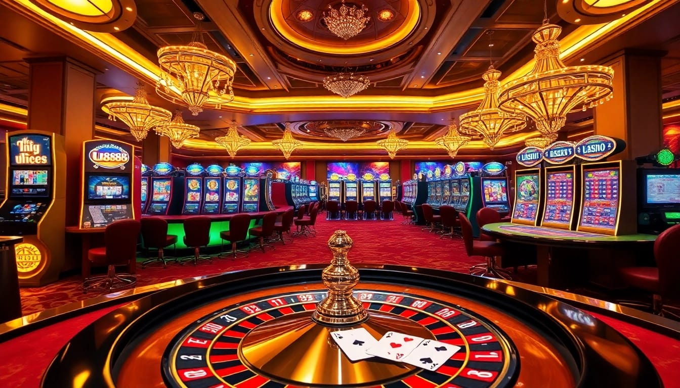 U8888 online gambling action with luxurious casino tables and vibrant slot machines under elegant lighting.