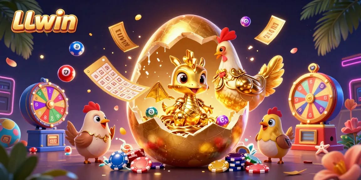 Experience LLwin's thrilling gaming atmosphere with golden dragons and lottery excitement.