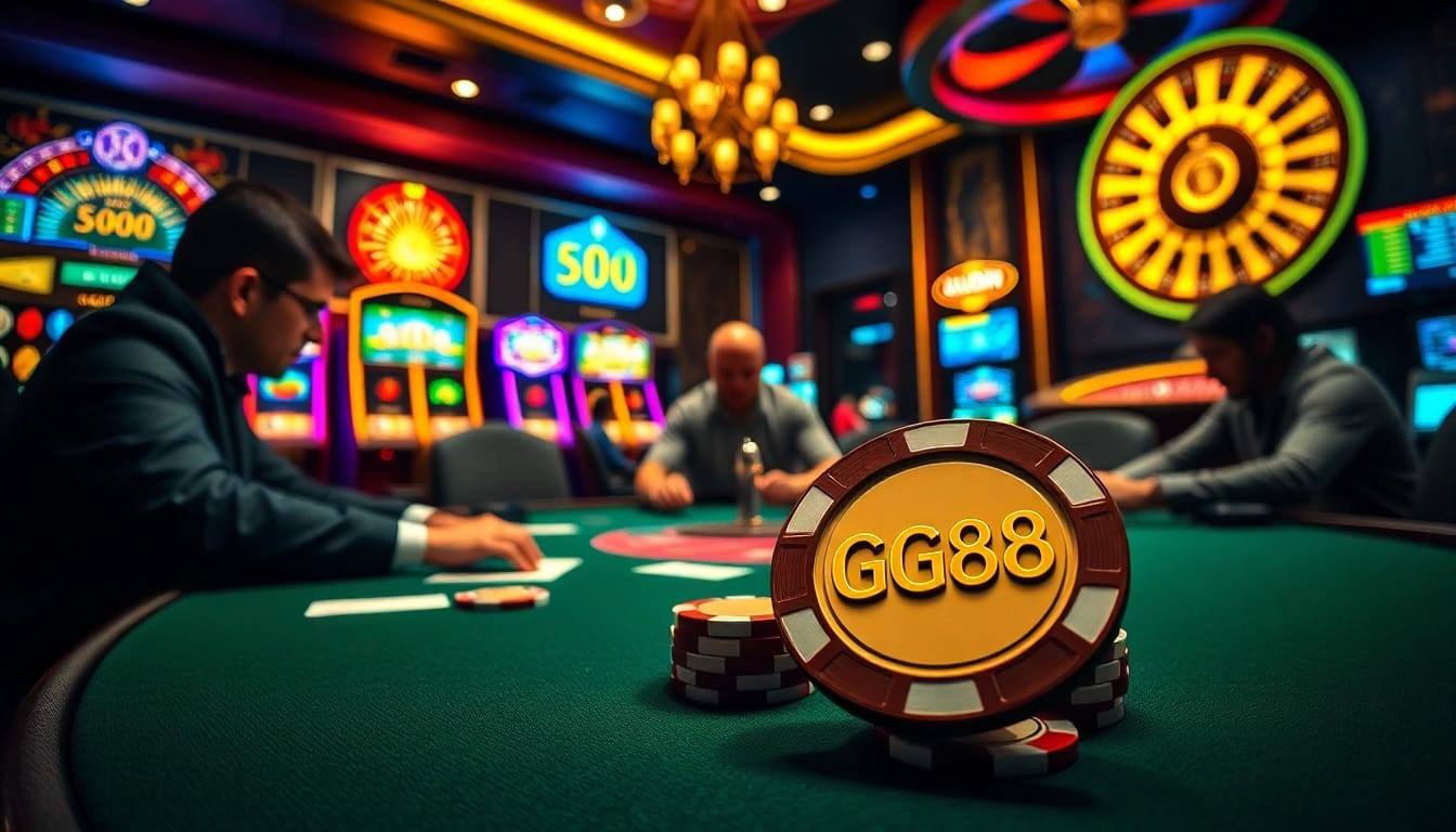 Experience high-stakes gaming with GG88 branded poker chips and an elegant casino atmosphere.