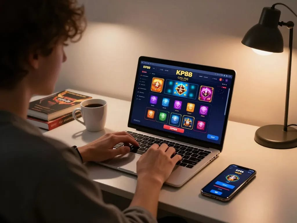 Player engaged with KP8888.net online casino on laptop, showcasing a cozy and strategic gaming setup.