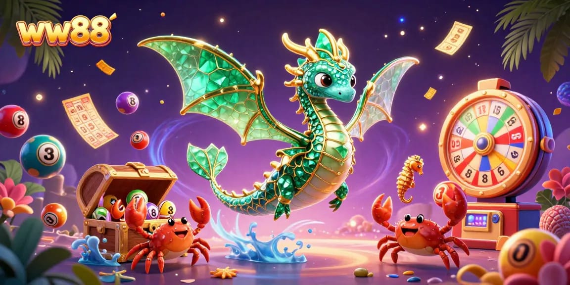 Experience the excitement of ww88 with vibrant lottery elements and a stunning sea dragon illustration.