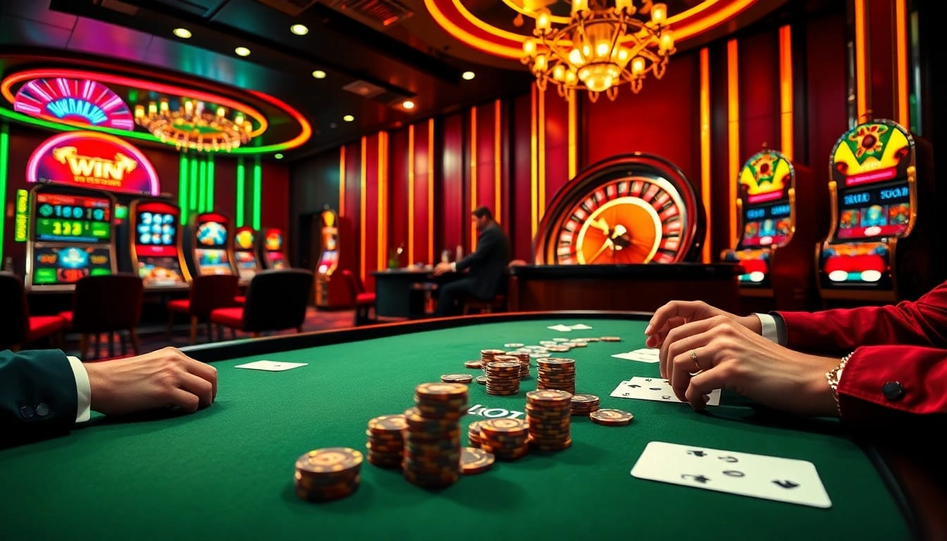 Experience thrilling gameplay in a vibrant casino scene featuring cm88.men, poker chips, and spinning roulette wheels.