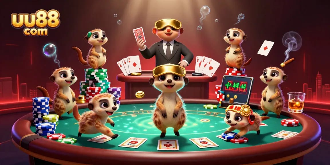 Engage with uu88 com at the lively cartoon meerkat casino, showcasing fun gambling activities and excitement.
