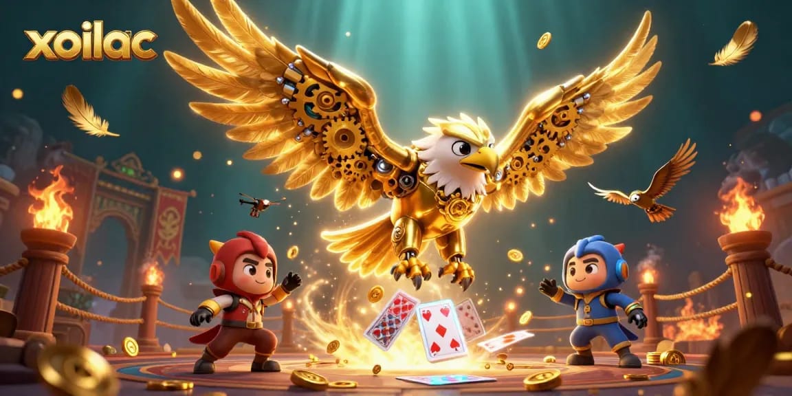 Experience the thrill of betting with xoilac's vibrant 3D casino visual featuring a cybernetic eagle.