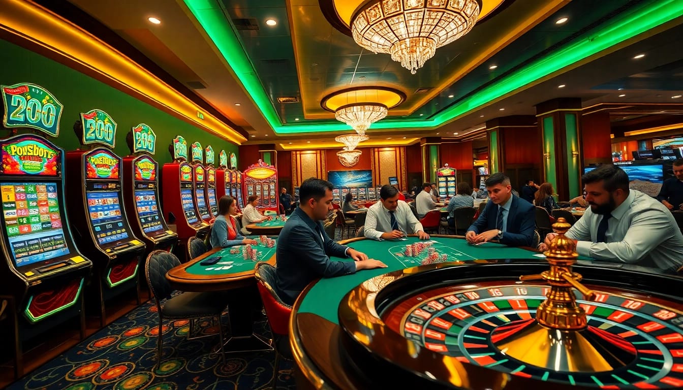 Players enjoying the excitement of gambling at https://www.jl111.life/ with vibrant casino tables and slot machines.