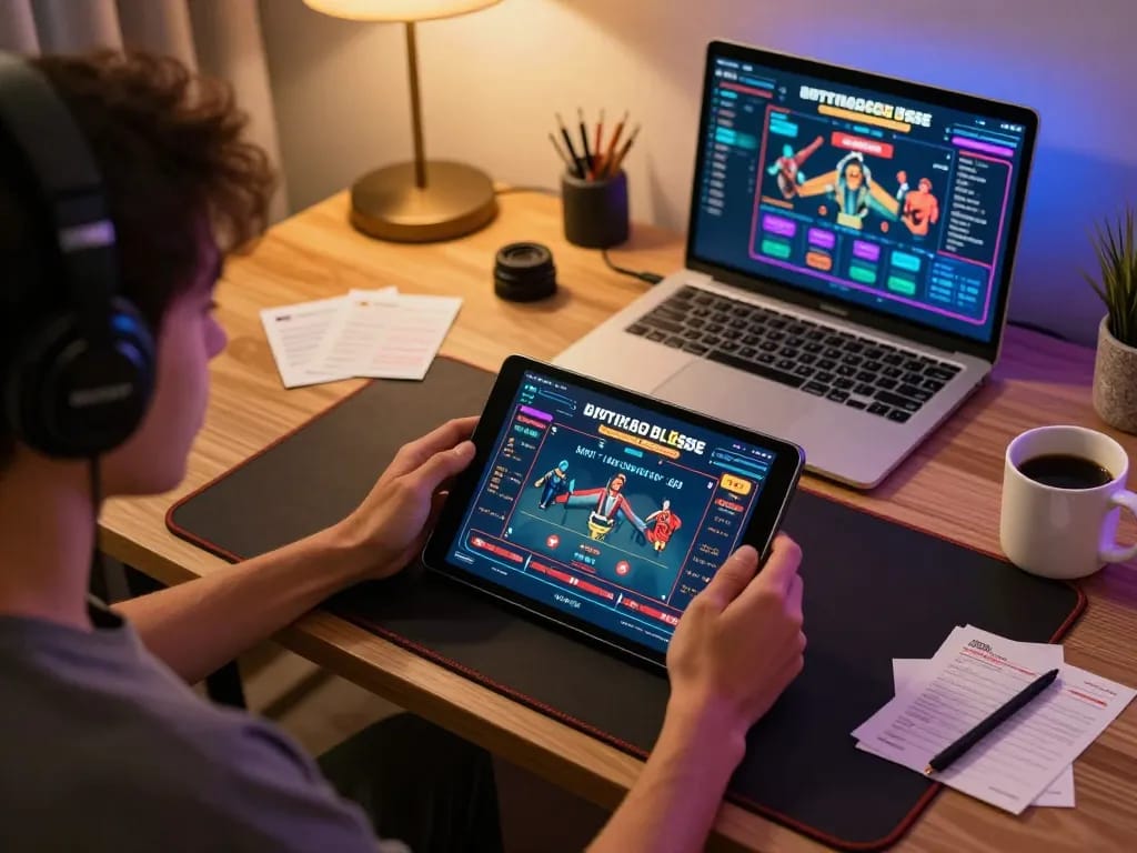 Engaged player enjoying online gambling experience at nhà cái bl555 with tablet, notes, and coffee