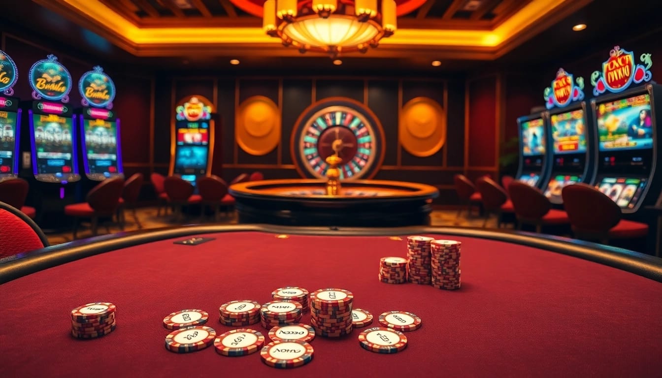 Nohu90 branded poker chips on a luxurious casino table highlighting gaming excitement.