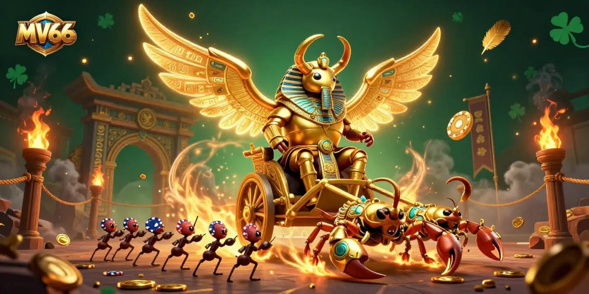 Experience the excitement of MV66 with a spectacular chariot race featuring golden characters and dynamic casino elements.