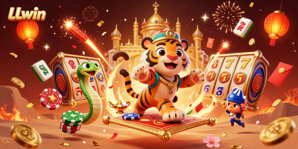 LLwin brings exciting 3D slot reels and festive elements to life in this vibrant casino illustration.