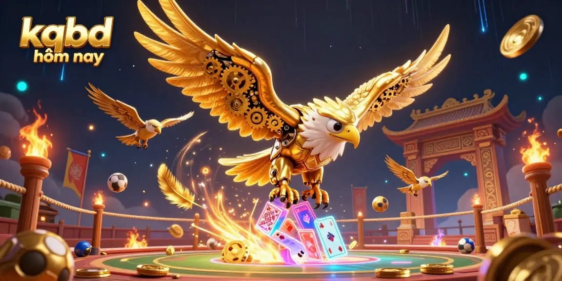 Engage with the thrilling kqbd hôm nay sports betting scene featuring a cybernetic eagle diving through holographic cards.