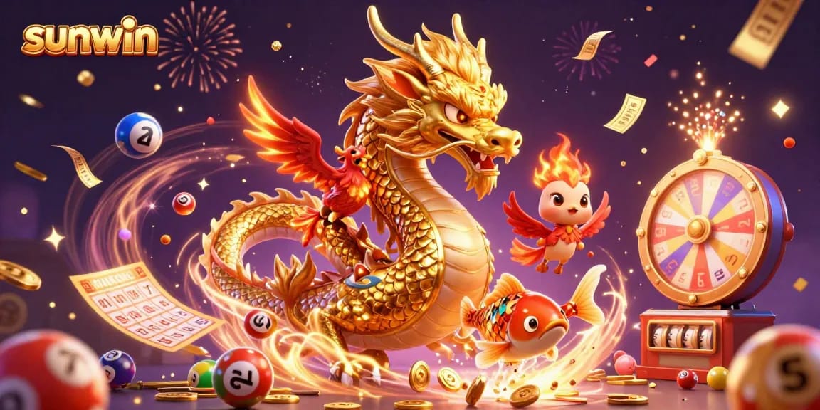 Engage with the colorful world of sunwin with a majestic dragon, phoenix, and koi in action.