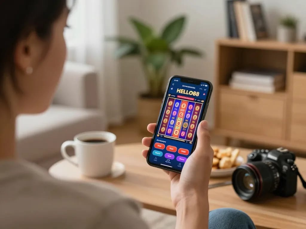 Players enjoying HELLO88 app on smartphone during a cozy home gaming session
