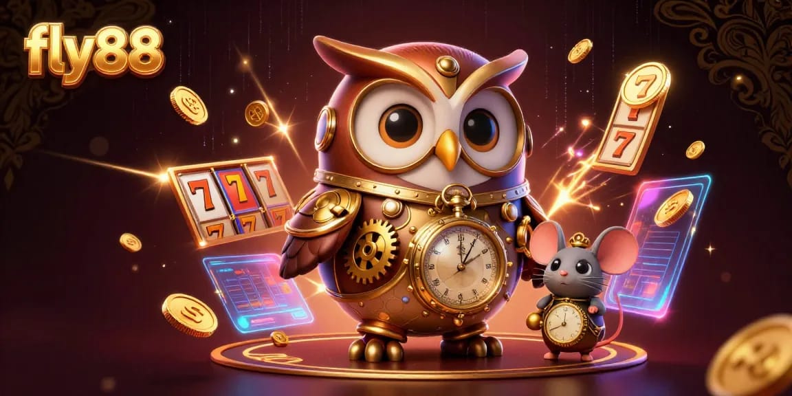 Experience thrilling gameplay at fly88 with steampunk owl and jackpot elements in a vibrant casino scene.