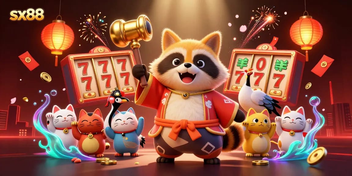 SX88 slot gaming scene with a tanuki and colorful maneki-neko, radiating luck and excitement.