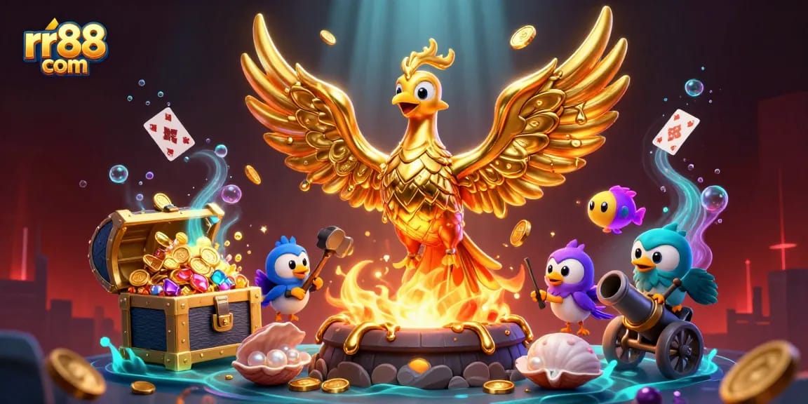 Experience thrilling gaming action at rr88 com with a vibrant scene of golden phoenix and underwater treasures.