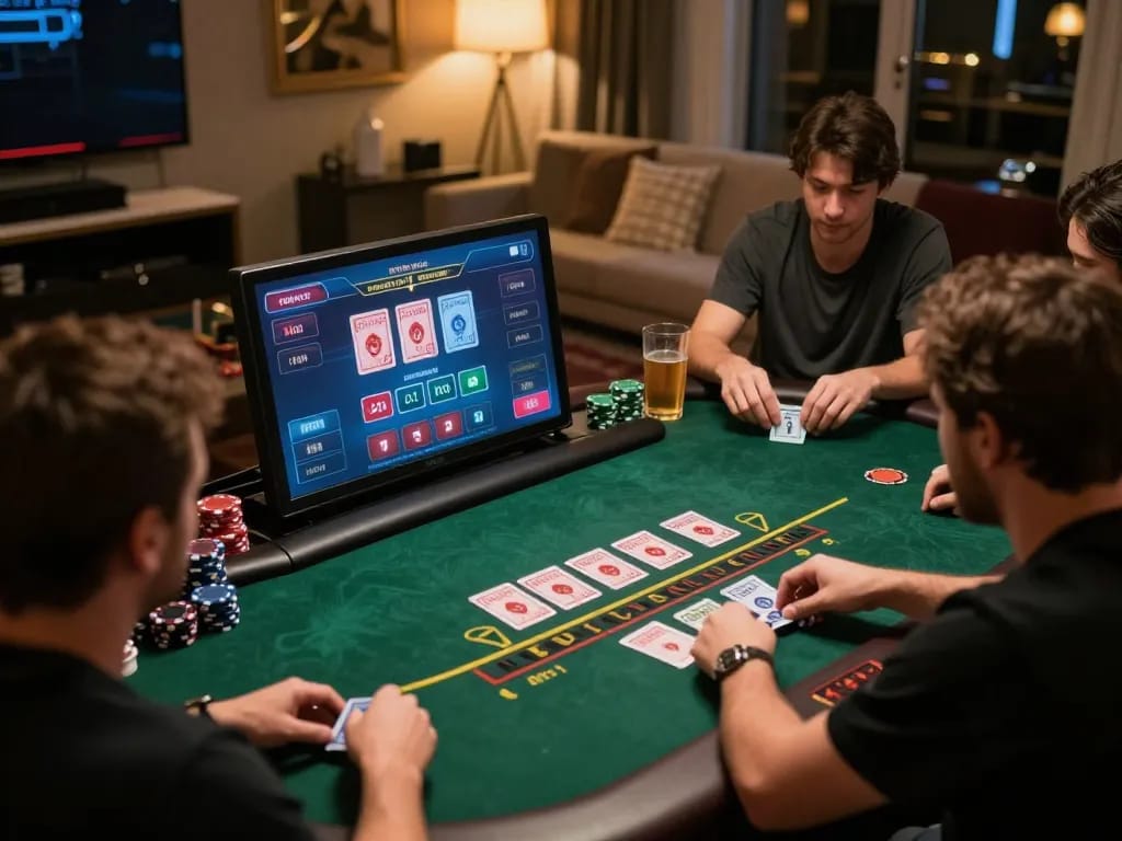 Players enjoying live dealer blackjack on j188, showcasing strategic gameplay in a comfortable home setting.