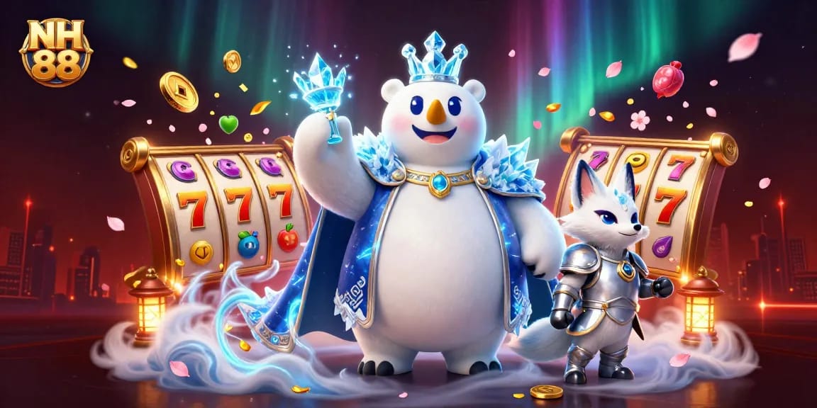 Experience NH 88 excitement with a vibrant 3D casino illustration showcasing slots, jackpot counters, and playful characters.