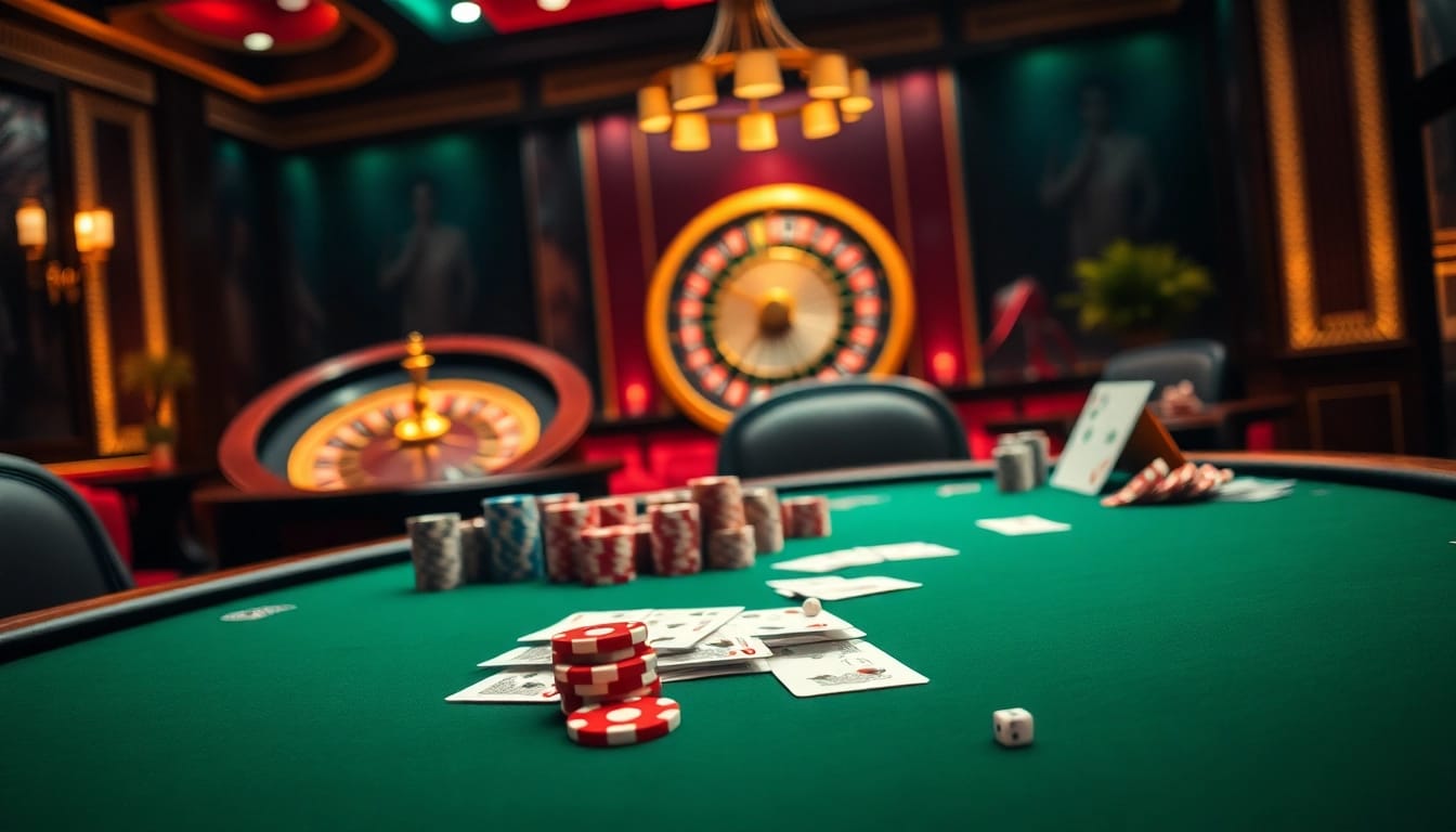 Experience thrilling gambling action at a lavish casino, featuring luongson-themed poker tables and roulette wheels.