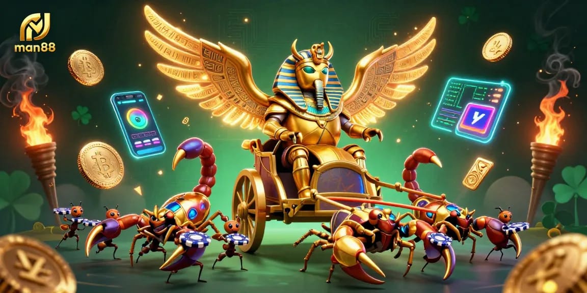 Experience thrilling gaming with man88 featuring a majestic scarab chariot and cryptocurrency elements.