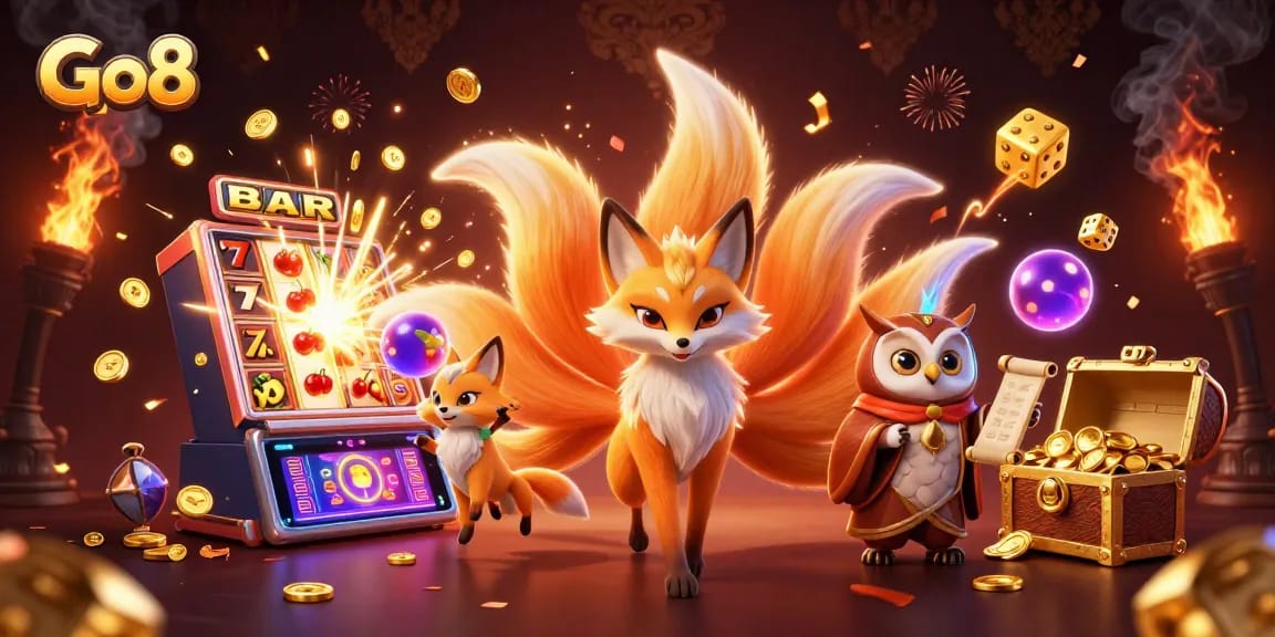 Go8 slots burst with vibrant coins and dynamic characters in an enchanting casino scene.