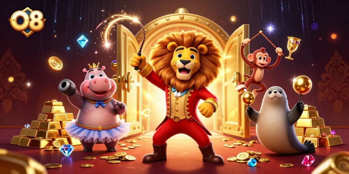 Experience the thrill of O8 as animated characters engage in exciting casino games with a dazzling treasure backdrop.