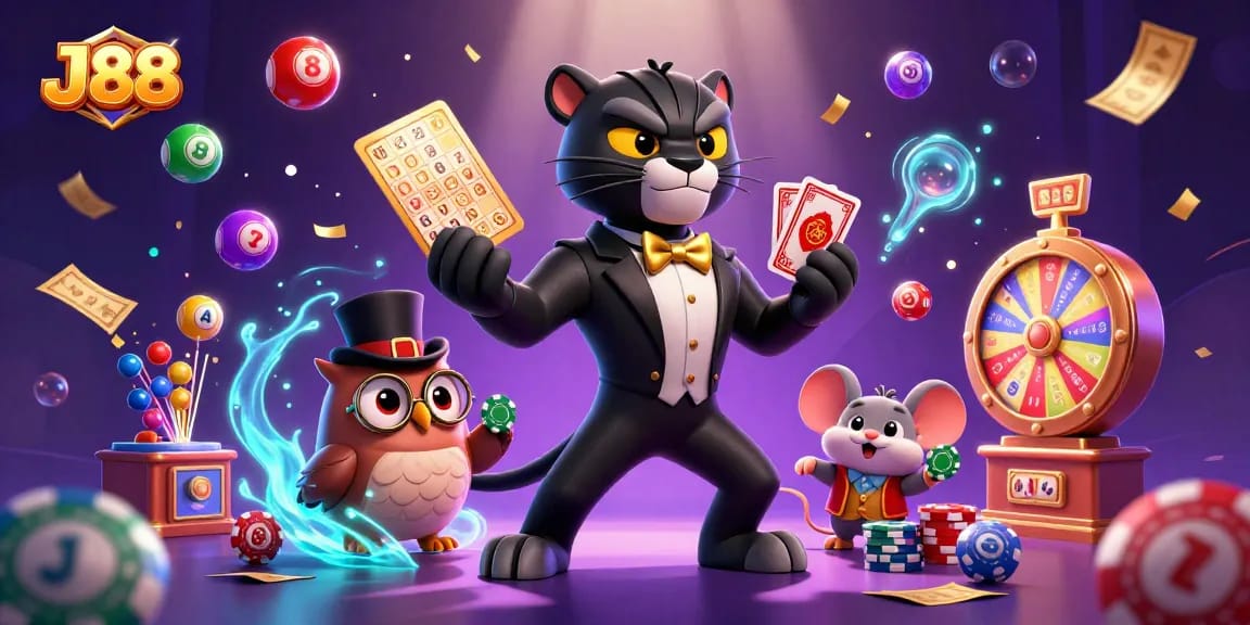 Engage in thrilling gameplay at J 88 with vibrant casino characters dealing cards and holding chips.