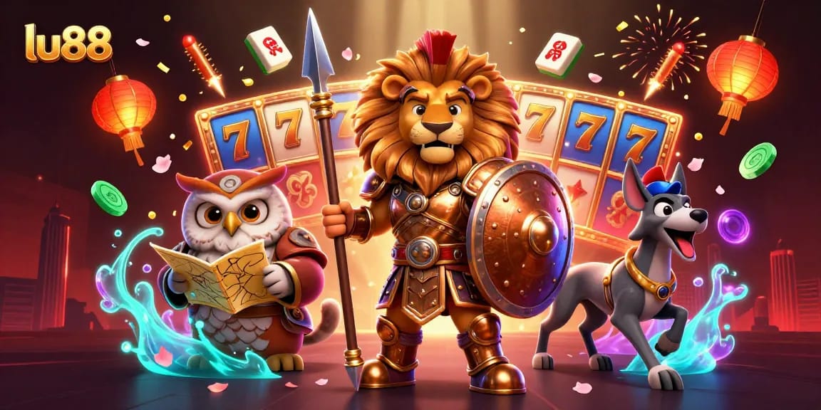 Experience thrilling casino action with lu88 featuring a lion, owl, and greyhound in a vibrant game scene.