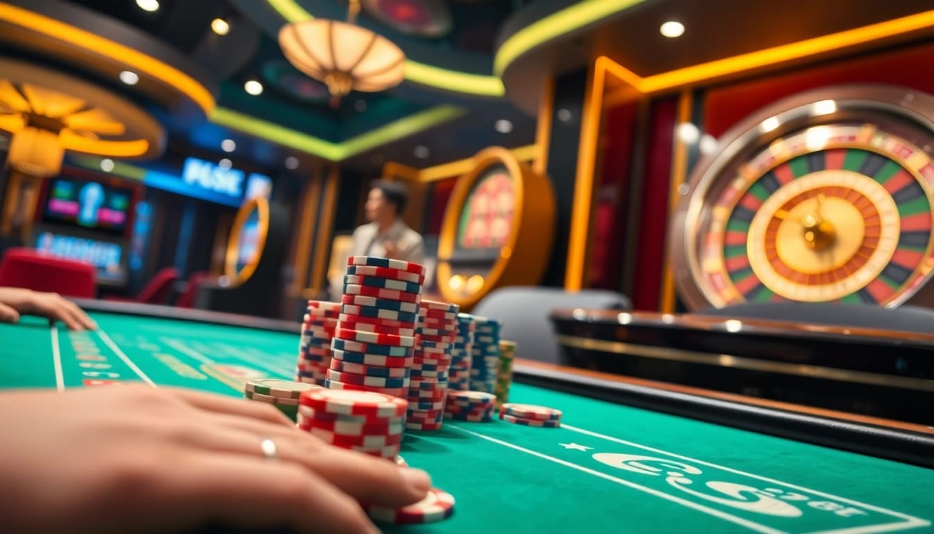 Experience the thrill of gambling at c168bet with a vibrant casino table setup, including poker chips and cards.