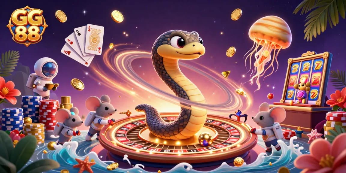 Experience the thrill of GG 88's cosmic casino with astronaut mice betting on Saturn's roulette ring, amidst sparkling treasures.