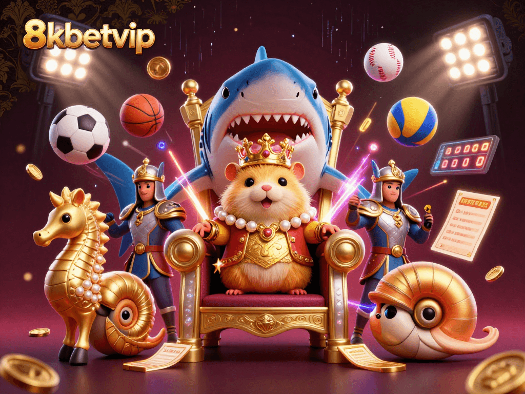 Engage with 8kbetvip's vibrant world, featuring a golden hamster king on a megalodon throne surrounded by dynamic sports action.