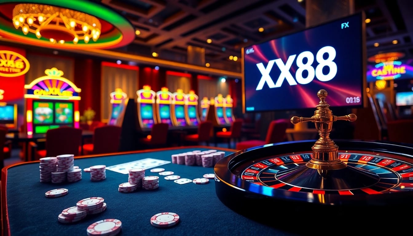 Experience the thrill of betting at XX88 with vibrant casino tables and slot machines.